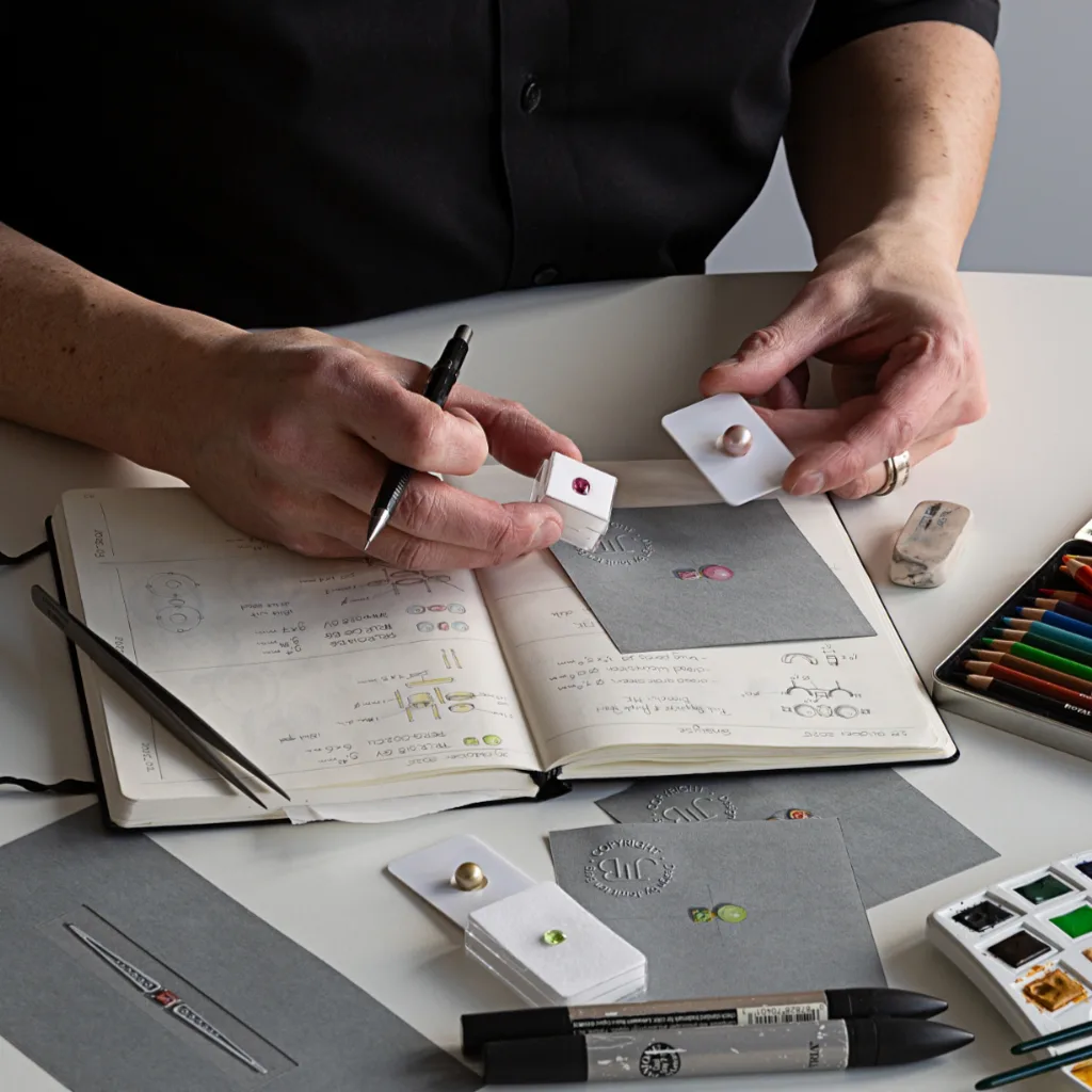 Ontwerper aan tafel met meerder juwelen ontwerpen en een selectie van bijpassende edelstenen